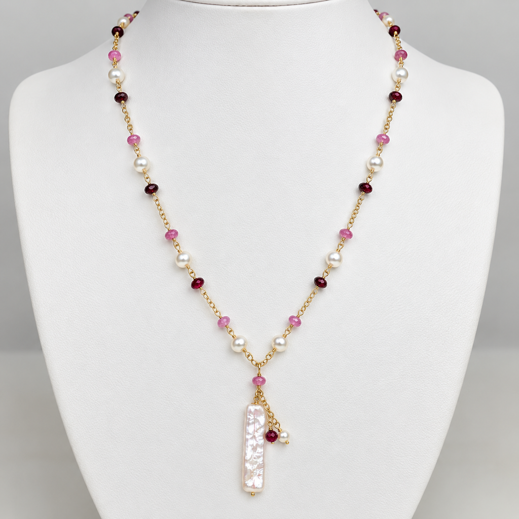 Ruby Gemstone and Freshwater Pearl Gold Necklace