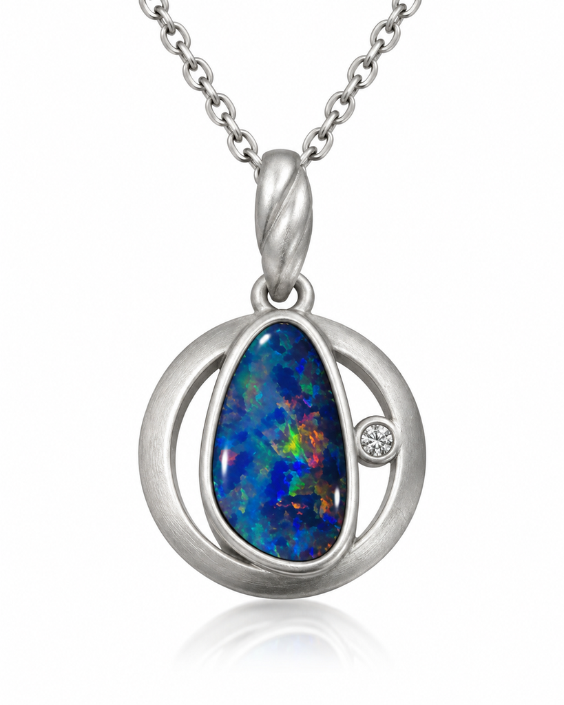 Australian Opal Matte Silver Halo Pendant with CZ