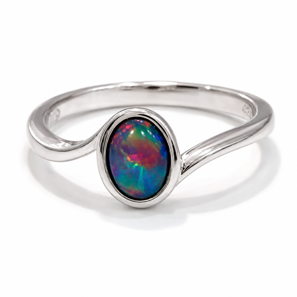 Australian Opal Blue Green Red Wave Sterling Silver Ring