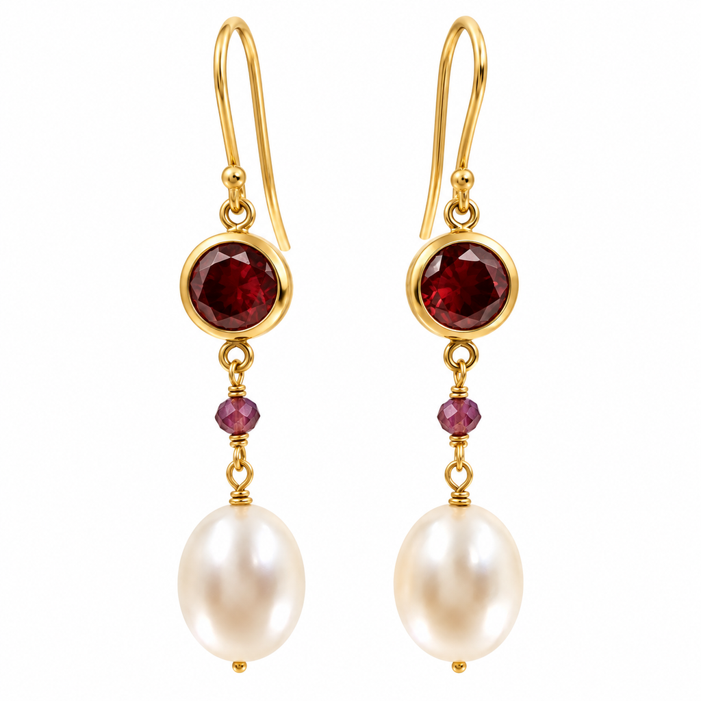 Freshwater Pearl Drop Red Cubic Zirconia Gold Earrings