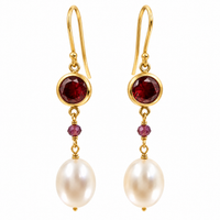 Freshwater Pearl Drop Red Cubic Zirconia Gold Earrings