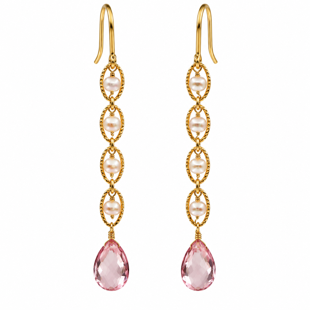 Freshwater Pearl Pink Topaz Gold Drop Earrings