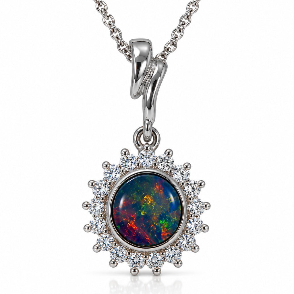 Australian Opal Sunburst Halo Silver Pendant