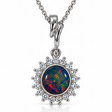 Australian Opal Sunburst Halo Silver Pendant