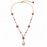 Pink Pearl and Pink Tourmaline Flower Gold Necklace
