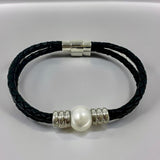 Cultured Freshwater Pearl Plaited Double Band Leather Bracelet