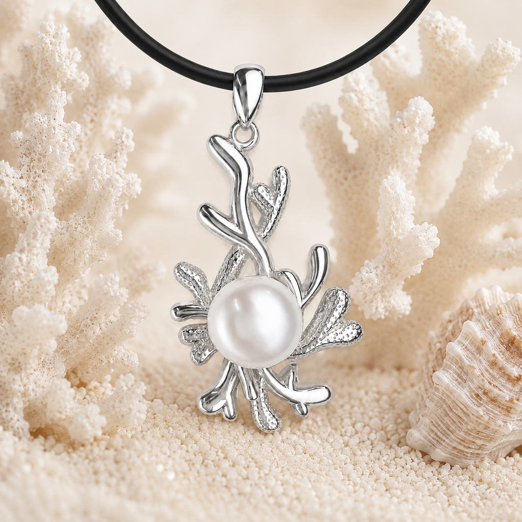 Coral Design Freshwater Pearl Sterling Silver Pendant