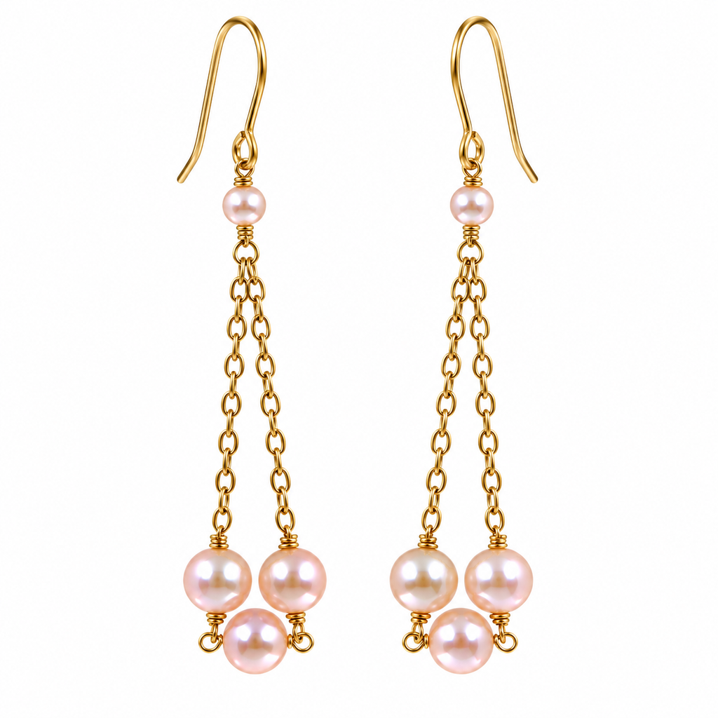 Freshwater Pink Pearl Chain Drop Hook Gold Earrings