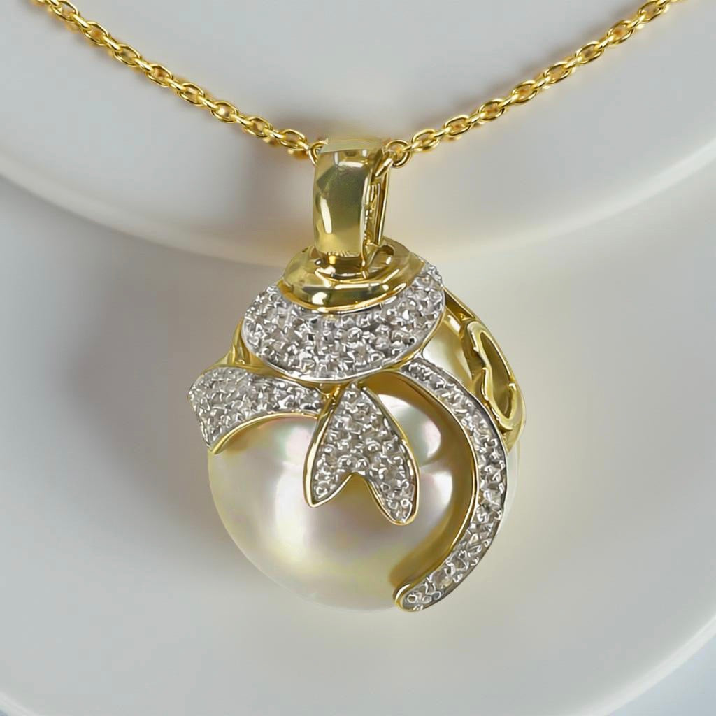 9ct Golden South Sea Pearl Diamond Fancy Heart Pendant