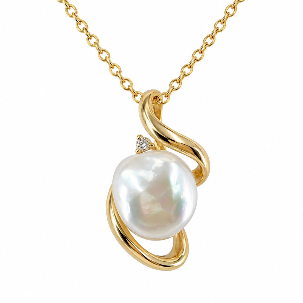 Broome Keshi with Diamond 9ct Spiral Pendant