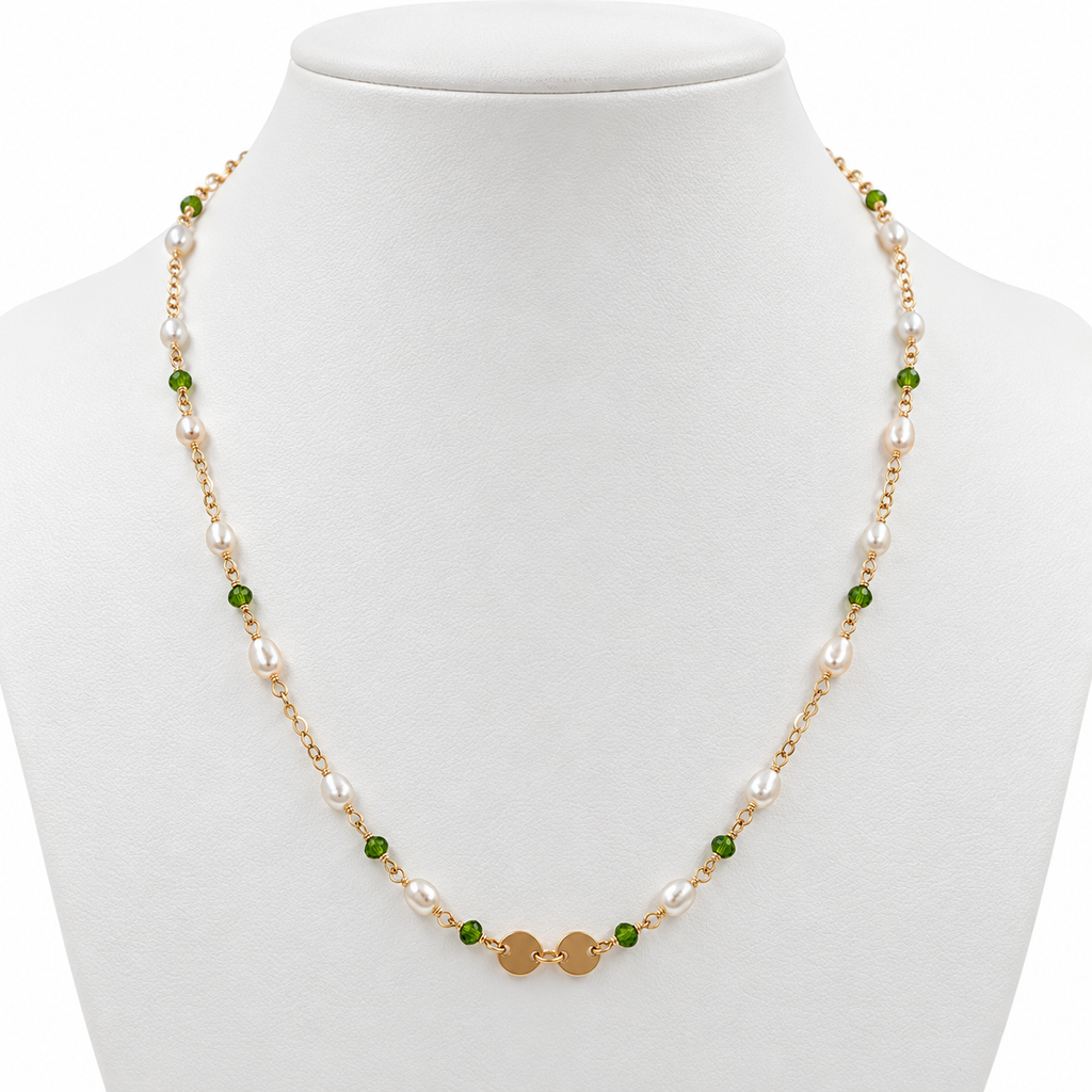 Freshwater Pearl Green Gemstone Gold Necklace