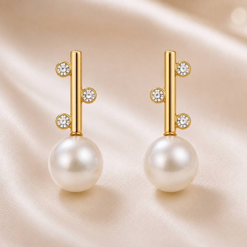 Cultured Freshwater Pearl and CZ Staircase Pearl Gold Stud Earrings