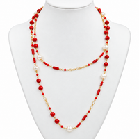 Cultured Freshwater Red Coral  Pearl Long Gold Necklace