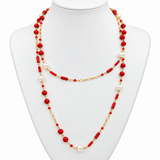 Cultured Freshwater Red Coral  Pearl Long Gold Necklace
