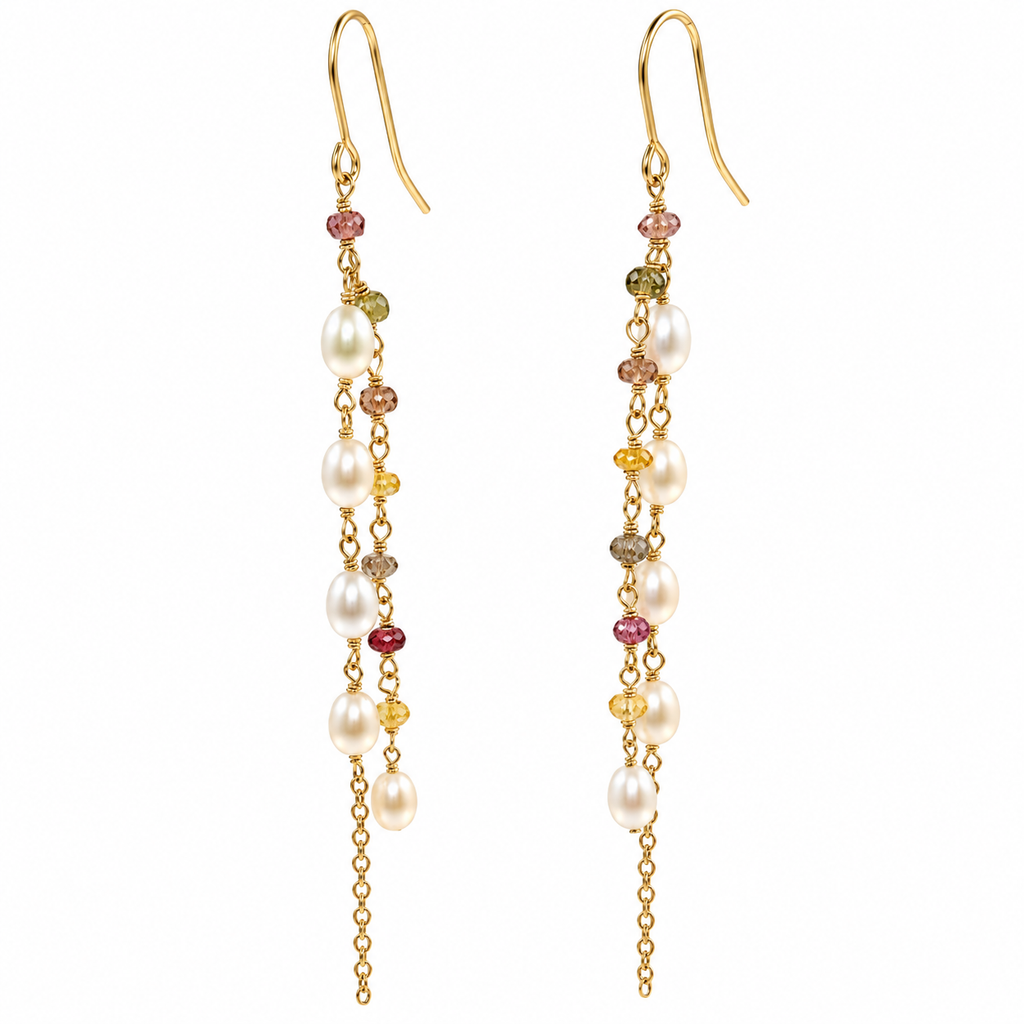Freshwater Pearl Multi Colour Garnet Gold Drop Earrings