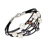 Cultured Fresh Water Pearl Leather Bracelet - White and Black Pearls
