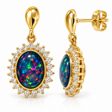 Australian Opal Gold Halo Cubic Zirconia Stud Earrings