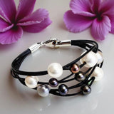 Cultured Fresh Water Pearl Leather Bracelet - White and Black Pearls