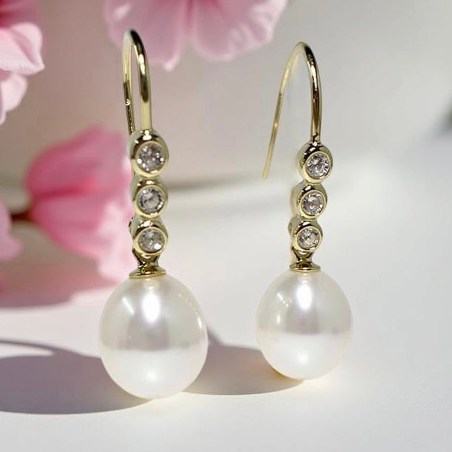 Cultured Freshwater Pearl and Cubic Zirconia Hook Earrings