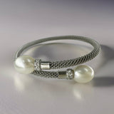 Cultured Freshwater Pearl and CZ Mesh Bracelet