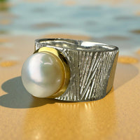 Cultured white Pearl Sterling Silver Ocean Ring