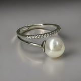 Freshwater Pearl Split Band Cubic Zirconia Silver Ring