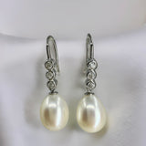 Cultured Freshwater Pearl and Zirconia Silver Hook Earrings