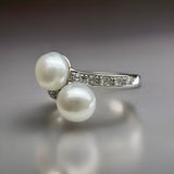 Cubic Zirconia Double Pearl Sterling Silver Ring