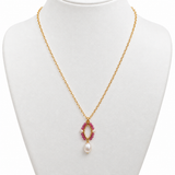 Freshwater Pearl and Pink Tourmaline Halo Gold Necklace