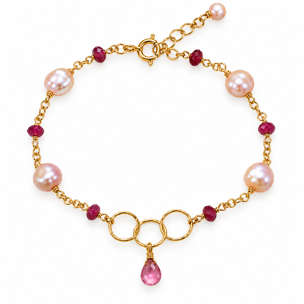 Cultured Freshwater Pink Pearl and Gemstone Gold Bracelet