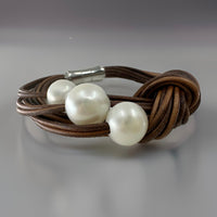 Cultured Large Pearl Tan Leather Twist Knot Bracelet