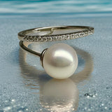 Freshwater Pearl Split Band Cubic Zirconia Silver Ring