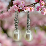 Cultured Freshwater Pearl and Zirconia Silver Hook Earrings