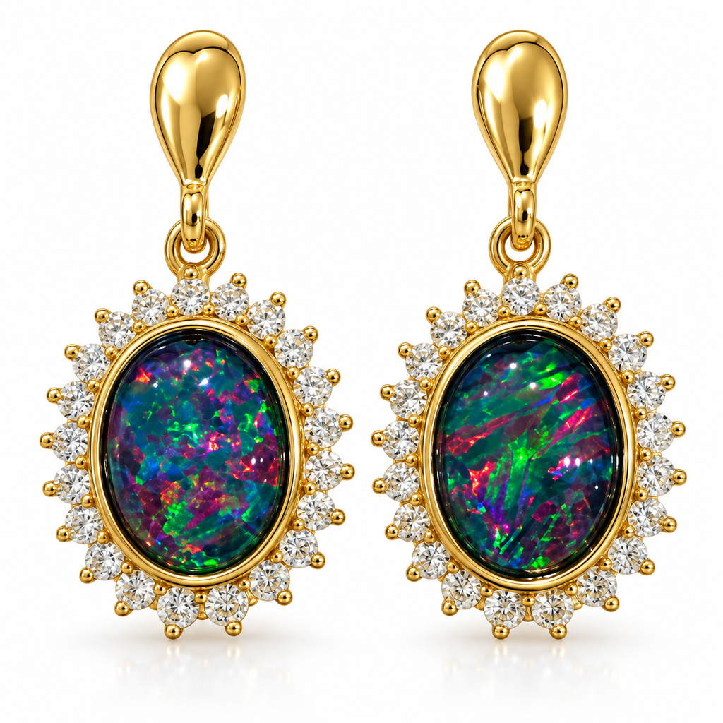 Australian Opal Gold Halo Cubic Zirconia Stud Earrings