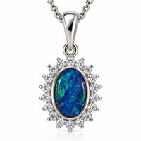 Australian Opal Blue Halo Sterling silver CZ Pendant