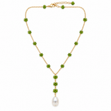 Green Gemstone Flowers & Pearl Drop Necklace