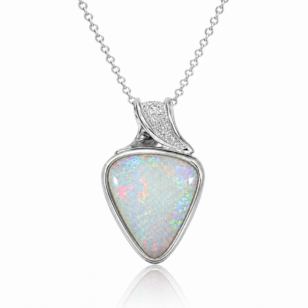 Australian Opal Silvery White Sterling Silver CZ Pendant