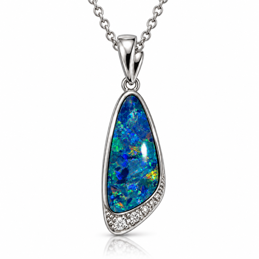 Australian Opal Ocean Currant Sterling Silver CZ Pendant