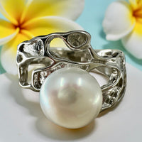 Cultured Freshwater Pearl Silver Seaweed Ring 