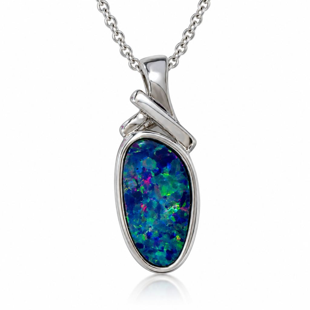 Australian Opal Blue Green Sterling Silver Cross Over Design Pendant