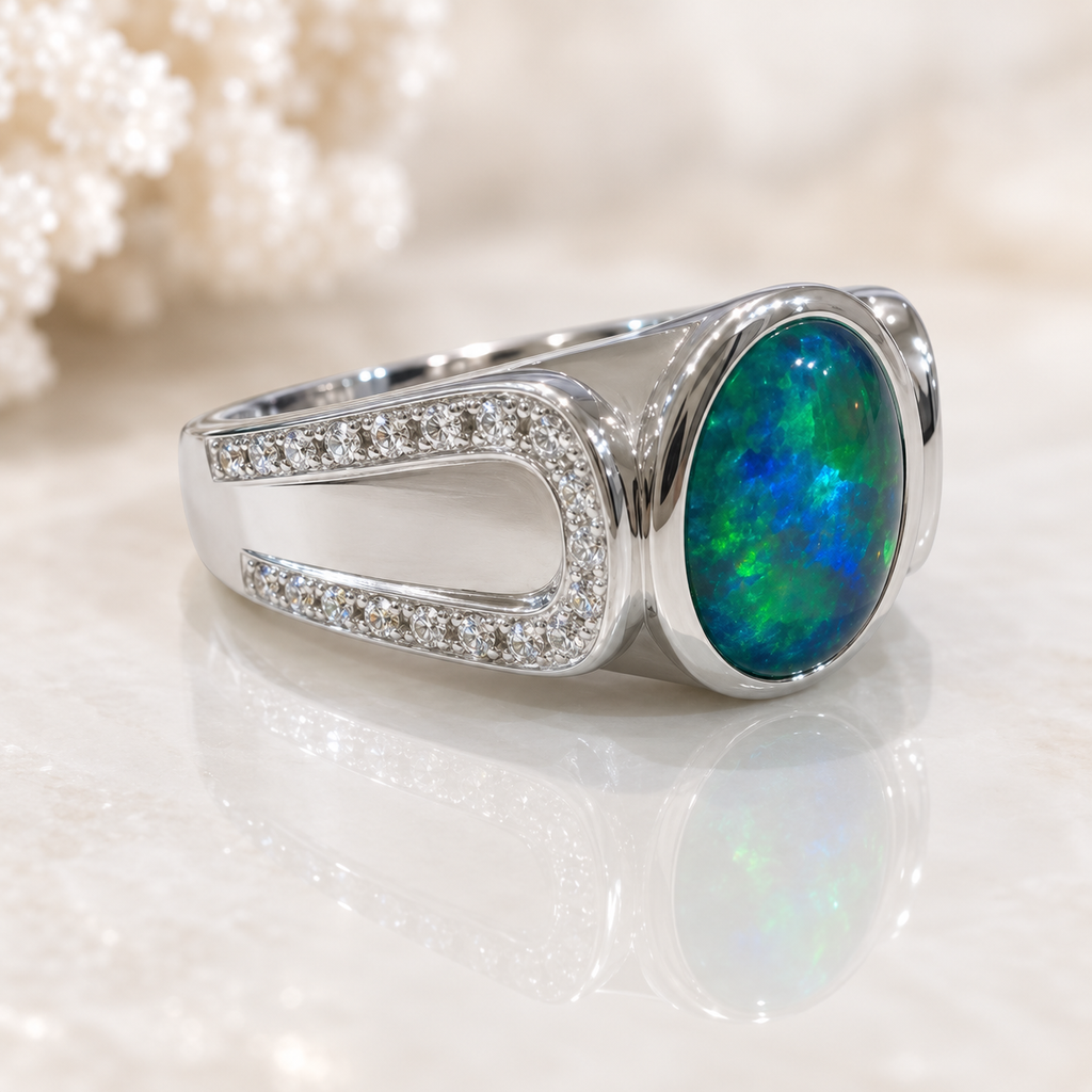 Australian Opal Vibrant Blue Green Sterling Silver Ring