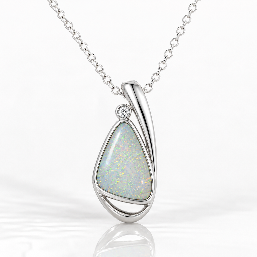 Australian Opal Silvery White Sterling Silver Zirconia Pendant