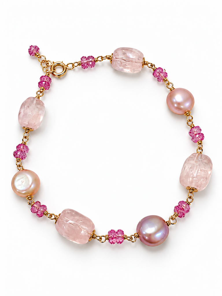 Rose quartz and Pink Pearl Gold Bracelet