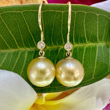 Golden South Sea Pearl Diamond Hook Earrings