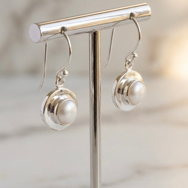 Cultured Freshwater Pearl Double Bezel Set Silver Earrings