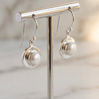 Cultured Freshwater Pearl Double Bezel Set Silver Earrings