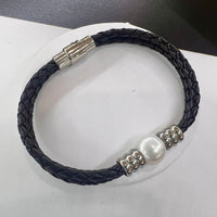 Cultured Freshwater Pearl Unisex Plaited Black Leather Bracelet