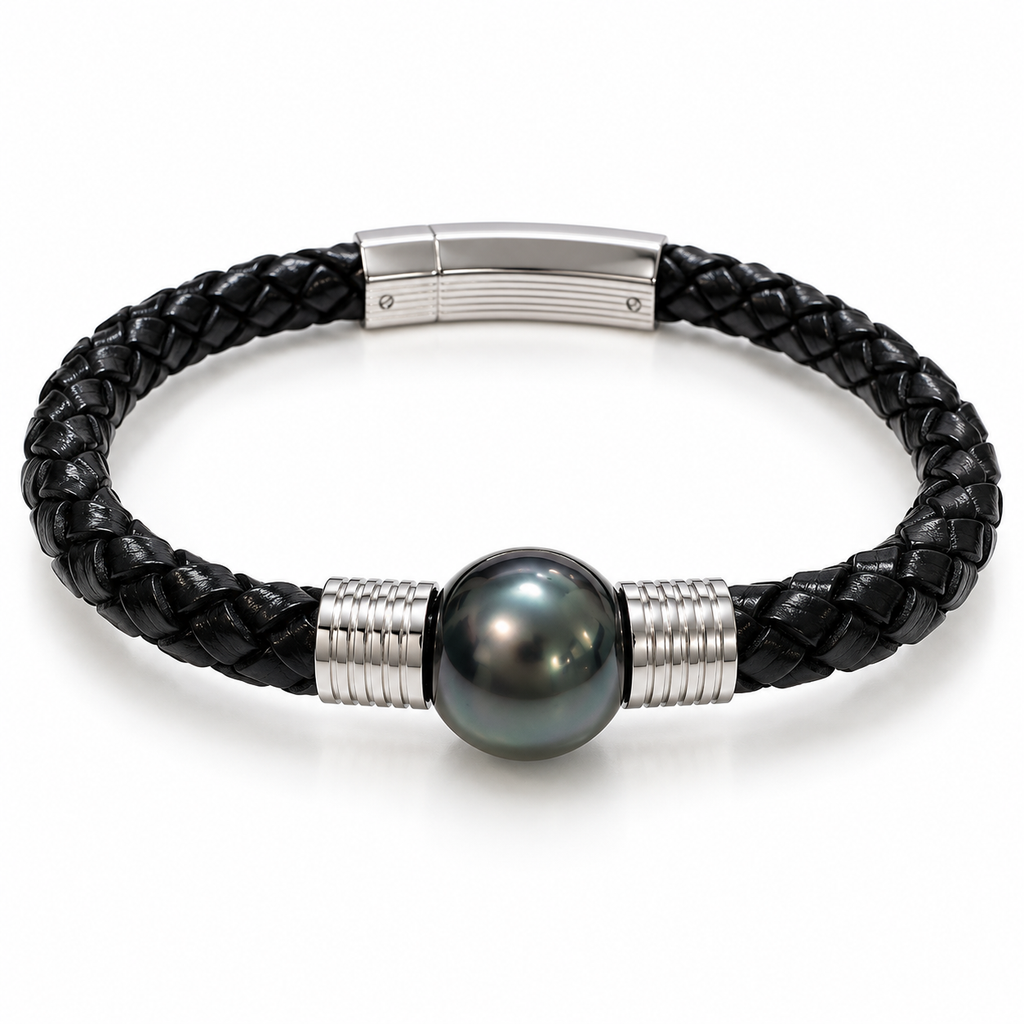 Mens Plaited Leather South Sea Tahitian Pearl