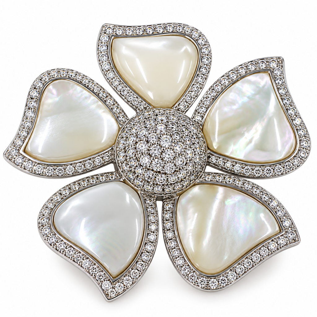 Silver Mother of Pearl Flower Brooch