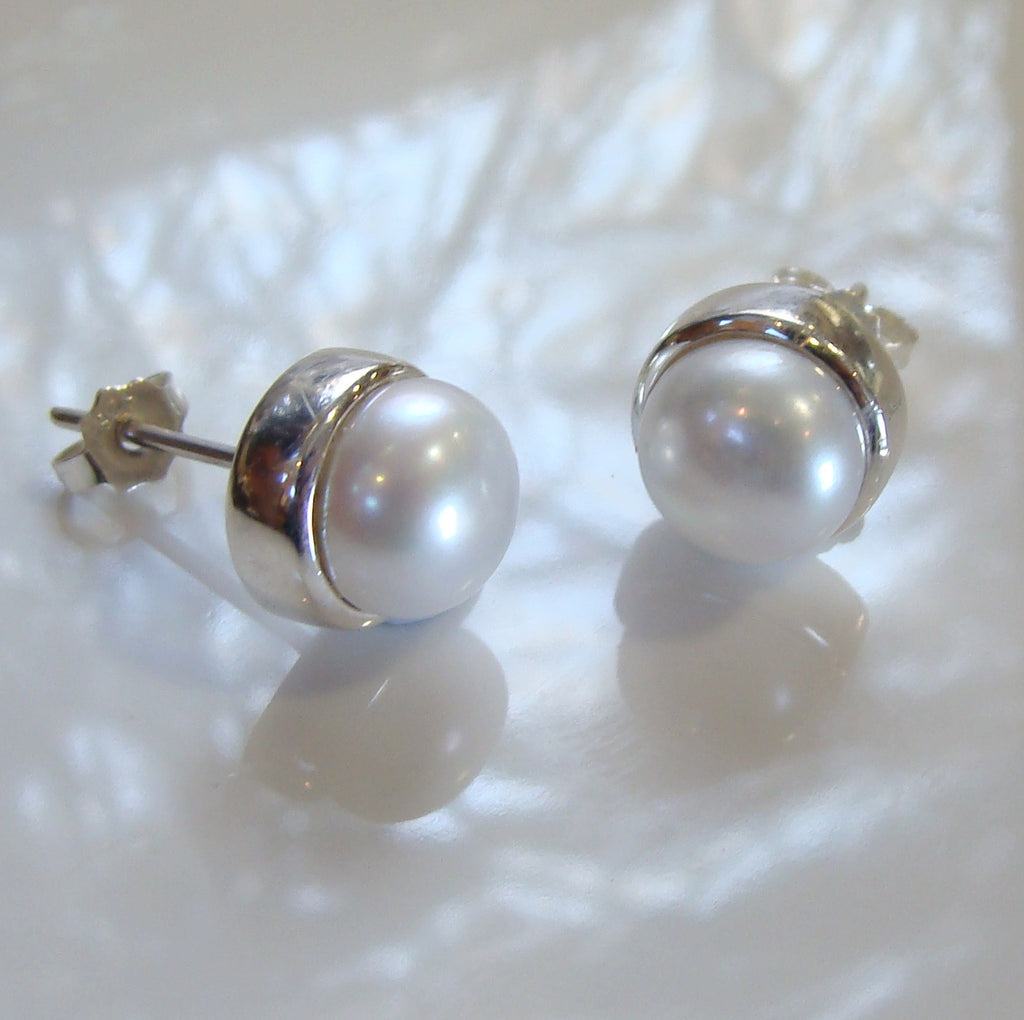 Cultured Freshwater White Pearl Studs Sterling Silver